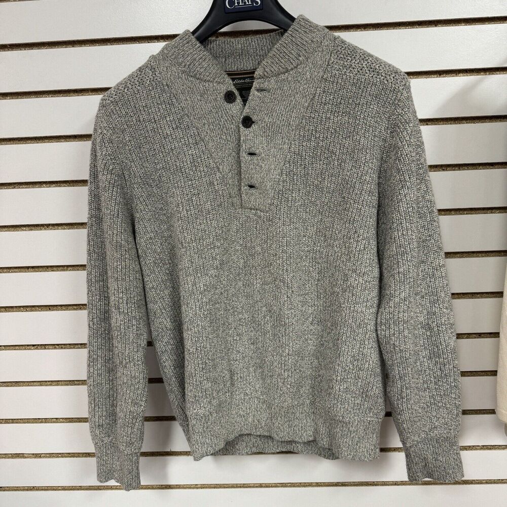 Eddie Bauer Knit Sweater Mens Medium Gray Ribbed Knit Cotton Quarter Button HLBN